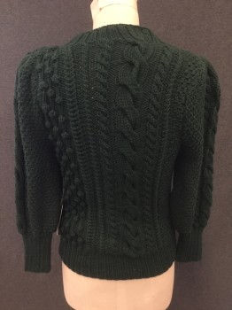 A PIECE APART, Dk Green, Cotton, Solid, Cable Knit, Raised Ball Detail, Puff Sleeve, Ribbed Knit Crew Neck/Waistband/Cuff