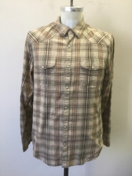 LUCKY BRAND, Lt Brown, Brown, Orange, Cotton, Plaid, Long Sleeves, Snap Front, Collar Attached, Cream and Pewter Snaps, 2 Pockets with Snap Closures, Western Style Yoke