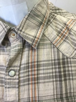 LUCKY BRAND, Lt Brown, Brown, Orange, Cotton, Plaid, Long Sleeves, Snap Front, Collar Attached, Cream and Pewter Snaps, 2 Pockets with Snap Closures, Western Style Yoke