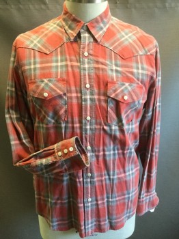 Mens, Western, LUCKY BRAND, Red, Lt Gray, White, Linen, Cotton, Plaid, 16.5, XL, 36, Button Front, 2 Pockets, Long Sleeves,