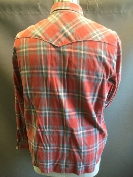 Mens, Western, LUCKY BRAND, Red, Lt Gray, White, Linen, Cotton, Plaid, 16.5, XL, 36, Button Front, 2 Pockets, Long Sleeves,