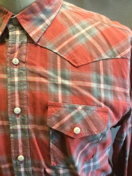 LUCKY BRAND, Red, Lt Gray, White, Linen, Cotton, Plaid, Button Front, 2 Pockets, Long Sleeves,