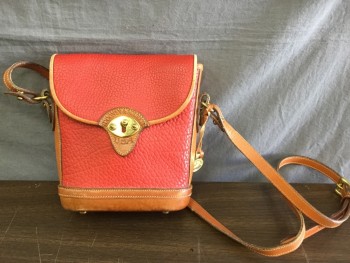 Womens, Purse, DOONEY & BURKE, Red, Brown, Leather, Bucket Purse, Pebbled Red Leather with Brown Trim, Flap Closure with Gold Clasp, Adjustable Strap