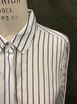 BANANA REPUBLIC, White, Charcoal Gray, Lyocell, Stripes, Button Front, Hidden Placket, Collar Attached, Long Sleeves, Button Cuff, High-Low Hem