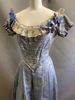 N/L MTO, Violet Purple, Silver, Beige, Polyester, Floral, Ball Gown, Floral Brocade, Short Sleeves, Beige Lace Ruffle at Scoop Neck, 3D Flowers at Shoulders, V Shaped Waistline, Full Skirt Attached to Bodice, Made To Order Victorian Reproduction