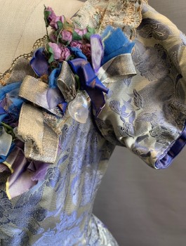 Womens, Historical Fiction Dress, N/L MTO, Violet Purple, Silver, Beige, Polyester, Floral, W:26, B:34, Ball Gown, Floral Brocade, Short Sleeves, Beige Lace Ruffle at Scoop Neck, 3D Flowers at Shoulders, V Shaped Waistline, Full Skirt Attached to Bodice, Made To Order Victorian Reproduction