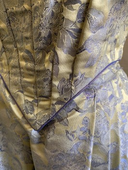 Womens, Historical Fiction Dress, N/L MTO, Violet Purple, Silver, Beige, Polyester, Floral, W:26, B:34, Ball Gown, Floral Brocade, Short Sleeves, Beige Lace Ruffle at Scoop Neck, 3D Flowers at Shoulders, V Shaped Waistline, Full Skirt Attached to Bodice, Made To Order Victorian Reproduction