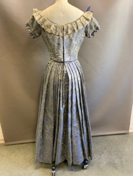 N/L MTO, Violet Purple, Silver, Beige, Polyester, Floral, Ball Gown, Floral Brocade, Short Sleeves, Beige Lace Ruffle at Scoop Neck, 3D Flowers at Shoulders, V Shaped Waistline, Full Skirt Attached to Bodice, Made To Order Victorian Reproduction