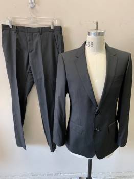 BOSS, Charcoal Gray, Wool, Solid, 2 Button Front, Notched Lapel, 3 Pockets,