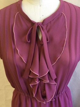 N/L, Mauve Pink, Dusty Pink, Polyester, Solid, Sheer, Dark Mauve,1/2" Crew Neck with Self Attached Neck Tie, Self Ruffle with Dusty Pink Over Lock Stitch Trim, Pleat Front, Fake Cover 3 Button Front, ,Cap Sleeves, Thin Elastic Waistband, Dark Salmon Lining Skirt, Sides Taken in 3/4" to Nothing By the Time at the Waist.