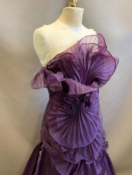 Womens, Evening Gown, TERANI, Dk Purple, Polyester, Solid, Sz.4, Pleated Organza, Strapless with Sweetheart Bust, Torso is Very Finely Horizontally Pleated, Large Rosettes/Fanned Out Star Bursts of Fabric Along Side, Flared Out Hem, Tiers of Ruffles, Floor Length