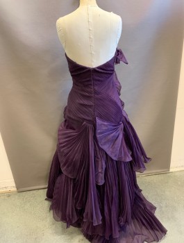 Womens, Evening Gown, TERANI, Dk Purple, Polyester, Solid, Sz.4, Pleated Organza, Strapless with Sweetheart Bust, Torso is Very Finely Horizontally Pleated, Large Rosettes/Fanned Out Star Bursts of Fabric Along Side, Flared Out Hem, Tiers of Ruffles, Floor Length