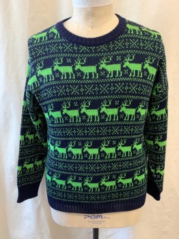 Mens, Pullover Sweater, FOX3, Navy Blue, Green, Acrylic, Animals, XXL, Christmas Sweater, Reindeer Print, Knit, Crew Neck, Pullover