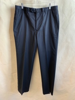 BROOKS BROTHERS, Navy Blue, White, Wool, Stripes - Pin, Flat Front, Zip Fly, Button Tab Closure, 4 Pockets, Belt Loops