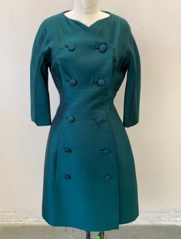 HARRY COOPER, Dk Green, Wool, Solid, 3/4 Sleeves, Double Breasted Button Closures, Buttons are Oversized Self Fabric Covered, Curved V-neck, 3" Wide Yoke at Waist, Knee Length,