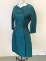 HARRY COOPER, Dk Green, Wool, Solid, 3/4 Sleeves, Double Breasted Button Closures, Buttons are Oversized Self Fabric Covered, Curved V-neck, 3" Wide Yoke at Waist, Knee Length,