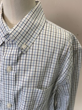 GAP KIDS, White, Navy Blue, Blue, Cotton, Grid , Button Front, Collar Attached, Button Down Collar, 1 Pocket, Long Sleeves, Button Cuff