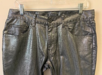 Mens, Casual Pants, I.N.C., Silver, Cotton, Spandex, Ins:31, W:32, Glittery Coated Denim, Skinny Jean, Zip Fly, 5 Pockets, Belt Loops, Has a Double