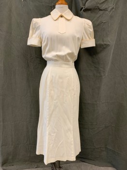 Womens, Dress, MTO, Off White, Cotton, Solid, W 26, B 34, Maid's Dress: Collar Attached, Faux Placket with Anchor Button, Pleated Short Sleeves, with French Cuff, Butter Yellow Trim, Gathered at Waistband, Ankle Length, Crossover Back with Waist Buttons, Button/Loop at Neck with Keyhole, Multiples, 1930s