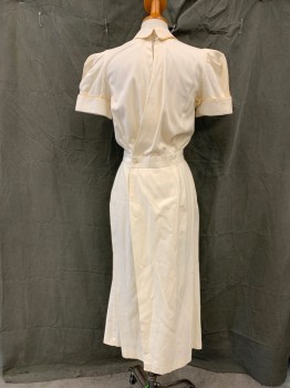 MTO, Off White, Cotton, Solid, Maid's Dress: Collar Attached, Faux Placket with Anchor Button, Pleated Short Sleeves, with French Cuff, Butter Yellow Trim, Gathered at Waistband, Ankle Length, Crossover Back with Waist Buttons, Button/Loop at Neck with Keyhole, Multiples, 1930s