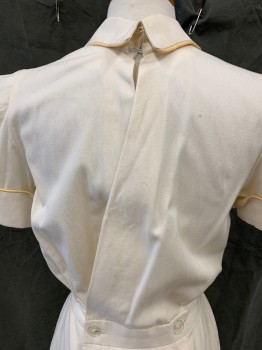 Womens, Dress, MTO, Off White, Cotton, Solid, W 26, B 34, Maid's Dress: Collar Attached, Faux Placket with Anchor Button, Pleated Short Sleeves, with French Cuff, Butter Yellow Trim, Gathered at Waistband, Ankle Length, Crossover Back with Waist Buttons, Button/Loop at Neck with Keyhole, Multiples, 1930s