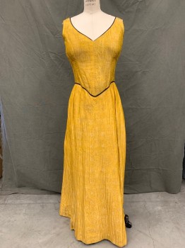 Womens, Historical Fiction Dress, MTO, Yellow, Gold, Silk, Floral, W 28, B 34, Historical Fantasy, Floral Jacquard, Corset Top with Boning, Sleeveless, V-neck, Black Piing at Waist, Floor Length Hem, Pleated Back Skirt, Hook & Eyes Back, Aged/Distressed