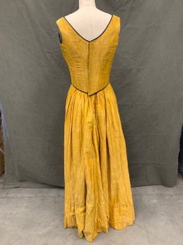 Womens, Historical Fiction Dress, MTO, Yellow, Gold, Silk, Floral, W 28, B 34, Historical Fantasy, Floral Jacquard, Corset Top with Boning, Sleeveless, V-neck, Black Piing at Waist, Floor Length Hem, Pleated Back Skirt, Hook & Eyes Back, Aged/Distressed