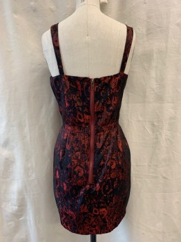 Womens, Cocktail Dress, LUCCA COUTURE, Black, Red, Polyester, Nylon, Abstract , S, Sweetheart Neckline, Structured Bust, Sleeveless, Zip Back, Hem Above Knee
