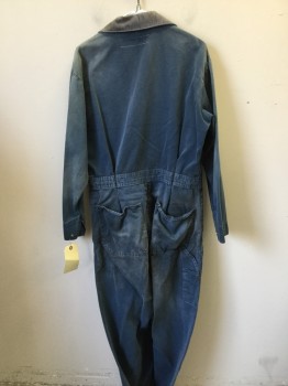 Mens, Coveralls/Jumpsuit, RED KAP, Blue, Gray, Cotton, Faded, 44, Long Sleeves, Snap Front, Collar Attached, 6+ Pockets, Gray Striped Trim on Collar & Cuffs, Aged/Distressed,