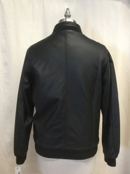 Mens, Leather Jacket, STRUCTURE, Black, Polyurethane, Solid, M, Zip Front, Stand Collar with Ribbed Knit Detail and Belt Loops, 4 Pockets, Ribbed Knit Waistband/Cuffs
