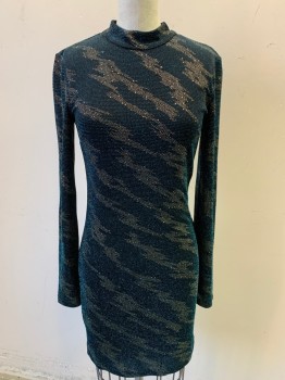Womens, Cocktail Dress, TOP SHOP, Navy Blue, Gold, Teal Blue, Acrylic, Polyester, Abstract , W:26, B:32, Teal Blue Sparkling, 1.5" Trim Crew Neck, Long Sleeves, Flare Bottom, Key Hole Back with 2 Self Cover Buttons, Solid Black Lining