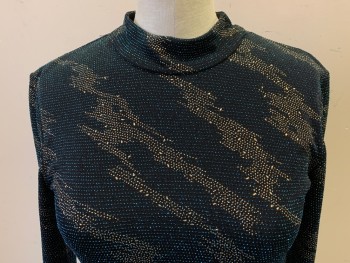 Womens, Cocktail Dress, TOP SHOP, Navy Blue, Gold, Teal Blue, Acrylic, Polyester, Abstract , W:26, B:32, Teal Blue Sparkling, 1.5" Trim Crew Neck, Long Sleeves, Flare Bottom, Key Hole Back with 2 Self Cover Buttons, Solid Black Lining