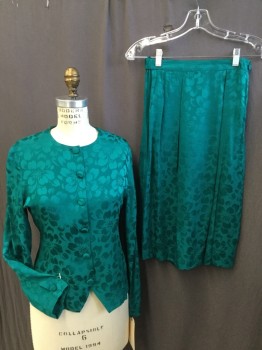 ARGENTI  PETITES, Teal Green, Silk, Floral, Jacquard, Round Neck,  6 Self Cover Button Front, Long Sleeves,  with Matching Skirt