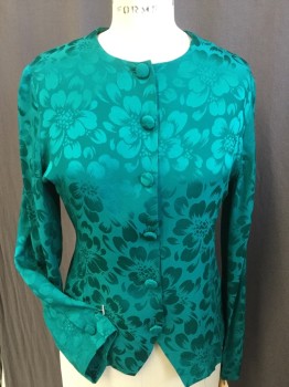 Womens, 1990s Vintage, Suit, Jacket, ARGENTI  PETITES, Teal Green, Silk, Floral, 36, 2, 24, Jacquard, Round Neck,  6 Self Cover Button Front, Long Sleeves,  with Matching Skirt