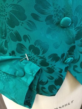 Womens, 1990s Vintage, Suit, Jacket, ARGENTI  PETITES, Teal Green, Silk, Floral, 36, 2, 24, Jacquard, Round Neck,  6 Self Cover Button Front, Long Sleeves,  with Matching Skirt
