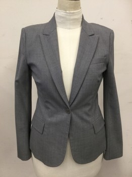 THEORY, Lt Gray, Wool, Lycra, Solid, Single Breasted, Collar Attached, Peaked Lapel, 1 Button, 2 Flap Pockets, Long Sleeves