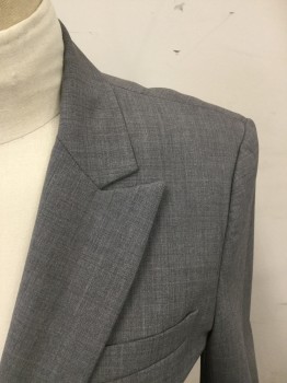 THEORY, Lt Gray, Wool, Lycra, Solid, Single Breasted, Collar Attached, Peaked Lapel, 1 Button, 2 Flap Pockets, Long Sleeves