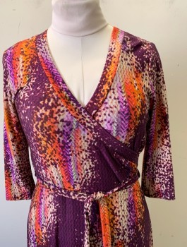 Womens, Dress, Long & 3/4 Sleeve, N/L, Purple, Coral Orange, Pink, Lt Pink, Polyester, Abstract , W:30, B:36, Knit Jersey, Wrap Style Dress, Surplice V-neck, 3/4 Sleeves, Ankle Length Maxi Dress, **With Matching Self BELT