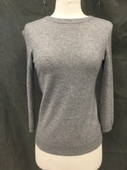 Womens, Pullover, TALBOTS, Heather Gray, Cashmere, XS, Ribbed Knit CN, 3/4 Sleeve, Ribbed Knit Waistband/Cuff
