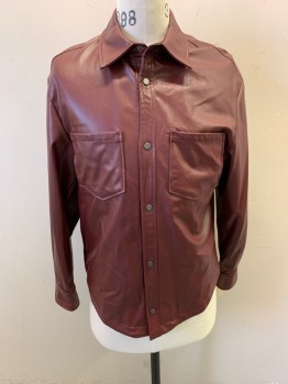 Mens, Leather Jacket, ZARA, Red Burgundy, Faux Leather, Solid, S, Snap Front, Collar Attached, 2 Patch Pockets
