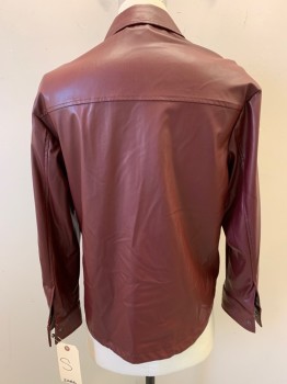 Mens, Leather Jacket, ZARA, Red Burgundy, Faux Leather, Solid, S, Snap Front, Collar Attached, 2 Patch Pockets