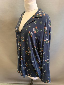 Womens, Blouse, H&M, Navy Blue, Peach Orange, Green, Lavender Purple, Viscose, Floral, M, Pullover, Long Sleeves, Notched Collar, V-neck, Very Oversized/Baggy Fit, High/Low Hemline