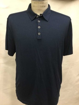 Mens, Polo, JOHN VARVATOS, Navy Blue, Silk, Cotton, Solid, L, Navy, Collar Attached, 4 Button Front, Short Sleeve,  See Photo Attached,
