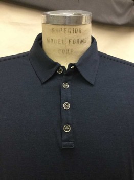 JOHN VARVATOS, Navy Blue, Silk, Cotton, Solid, Navy, Collar Attached, 4 Button Front, Short Sleeve,  See Photo Attached,