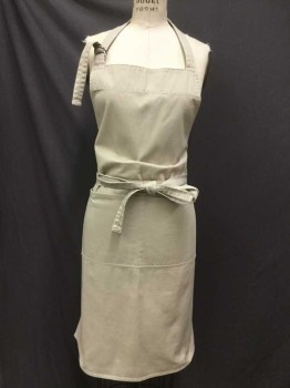 Unisex, Apron, Khaki Brown, Cotton, Solid, Adjustable Halter Strap with D-rings, Front Pouch Pocket,
