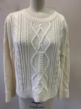 Womens, Pullover, VERONIC BEARD, Ivory White, Wool, Cotton, Cable Knit, S, Puff L/S, Small Shoulder Pads