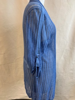 Womens, Sweater, NIC + ZOE, French Blue, Linen, Rayon, Solid, 1X, Knit, Opened Front, Long Sleeve, Drawstring at Center Back, Metal D-rings Tabs at Sleeves
