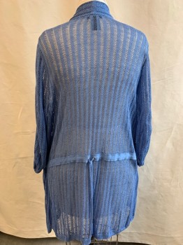 Womens, Sweater, NIC + ZOE, French Blue, Linen, Rayon, Solid, 1X, Knit, Opened Front, Long Sleeve, Drawstring at Center Back, Metal D-rings Tabs at Sleeves