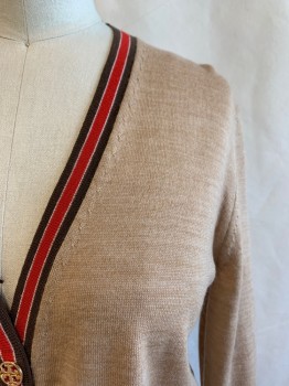 Womens, Cardigan Sweater, TORI BURCH, Tan Brown, Red, Brown, Acrylic, Solid, Stripes, XS, V-neck, 4 Gold Logo Buttons, 2 Pockets with Gold Buttons, Brown and Red Stripe Trim on Pockets and Neck and Down Front