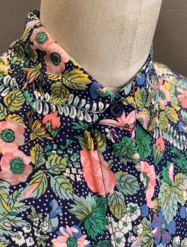 Womens, Blouse, & OTHER STORIES, Multi-color, Navy Blue, Pink, Jade Green, Silk, Floral, Dots, Sz.4, Long Sleeves, Button Front, Collar Attached
